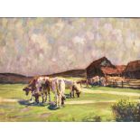 M.O. LEIGH (BRITISH, 20TH CENTURY) Cattle grazing on a moorland farm, oil on canvas, signed lower