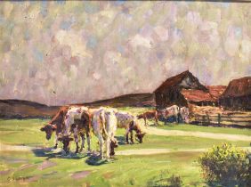 M.O. LEIGH (BRITISH, 20TH CENTURY) Cattle grazing on a moorland farm, oil on canvas, signed lower