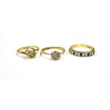 THREE 18CT GOLD & GEM SET RINGS To include a three stone old step cut emerald ring with knife