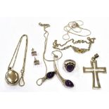 STERLING SILVER & GEM SET JEWELLERY To include an amethyst pear shaped cabochon necklace, oval