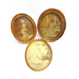 THREE EARLY 19TH CENTURY WOVEN SILK PICTURES one depicting a woman seated at a spinning wheel, and