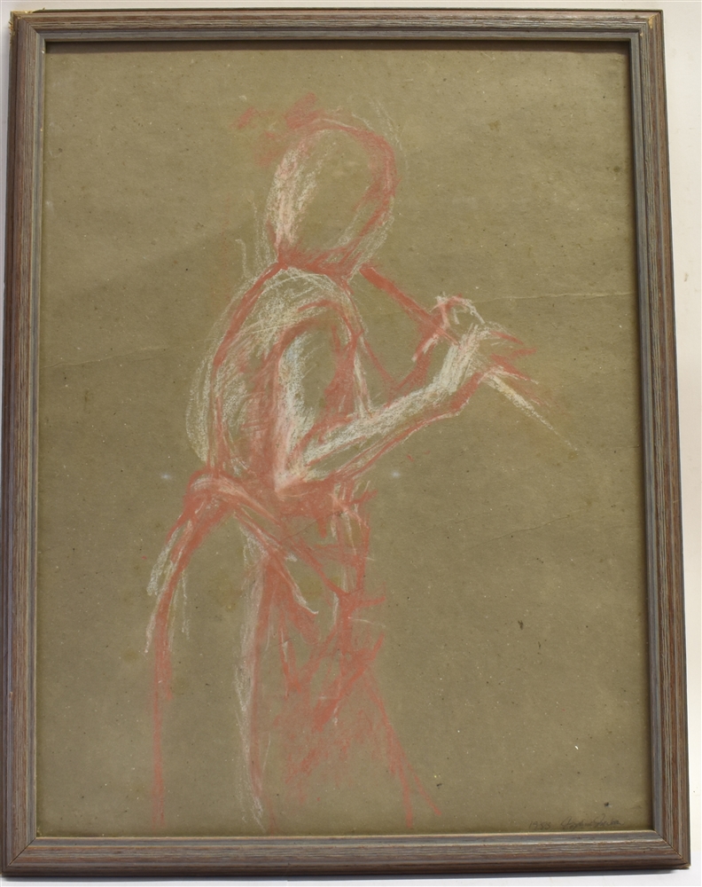 DAPHNE DAWSON (BRITISH, 20TH CENTURY) Flautist, sanguine and white chalk on grey paper, signed and - Bild 2 aus 3