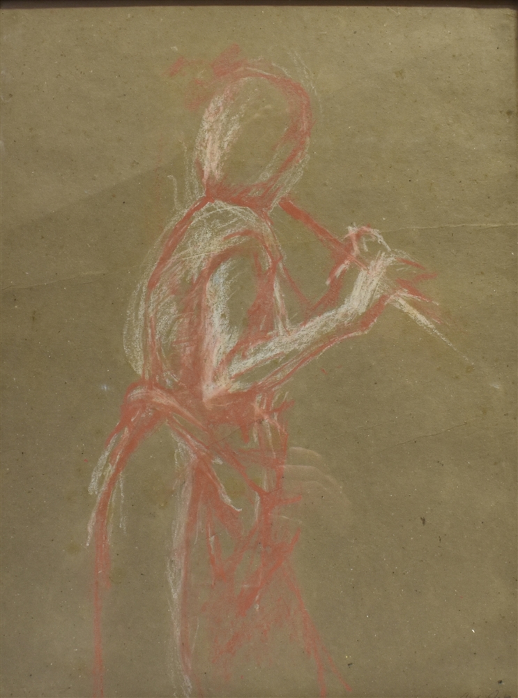 DAPHNE DAWSON (BRITISH, 20TH CENTURY) Flautist, sanguine and white chalk on grey paper, signed and