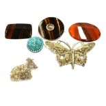 SILVER BROOCHES & BANDED AGATE ITEMS To include a silver (tests as) filigree work, butterfly