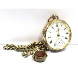 SILVER OPEN FACE WITH FOB & SWIVEL 52mm diameter open face pocket watch with white enamel dial,