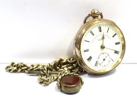 SILVER OPEN FACE WITH FOB & SWIVEL 52mm diameter open face pocket watch with white enamel dial,