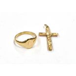 9CT GOLD RING & CRUCIFIX PENDANT Signet ring with oval shield to front, size S, tests as 9ct, also a