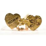 VICTORIAN 9CT GOLD MIZPAH BROOCH 3.6cm long comprising two yellow gold hearts decorated with applied