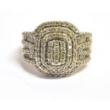 GOLD & PAVE SET DIAMOND RING 17.6mm wide cushion shaped head, pave set with round brilliant and