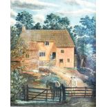 BRITISH NAIVE SCHOOL (19TH CENTURY) Watermill with yard and animals, oil on board laid to canvas,