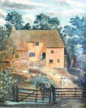 BRITISH NAIVE SCHOOL (19TH CENTURY) Watermill with yard and animals, oil on board laid to canvas,