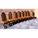 A SET OF FOUR SWEDISH MARQUETRY INLAID HIGHBACK CHAIRS BY CARL MALMSTEN with studded upholstery, the