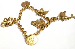 9CT GOLD CHARM BRACELET 18cm long, engraved belcher link chain, with five 9ct gold charms, clasp