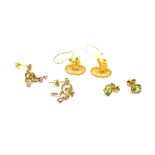 GOLD & GEM SET EARRINGS To include 14ct gold filigree and trefoil drop earrings, 9ct gold oval mixed