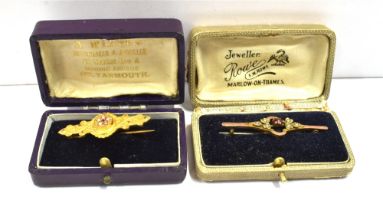 9CT GOLD & PASTE & PEARL SET BROOCHES Two 9ct gold Victorian bar brooches, both set with red paste