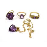 VARIOUS AMETHYST SET 9CT GOLD JEWELLERY To include a heart shaped cut amethyst pendant on 9ct gold