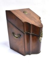 A GEORGE III MAHOGANY SERPENTINE FRONT KNIFE BOX the interior now empty, brass carrying handles to