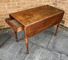 A VICTORIAN MAHOGANY INLAID PEMBROKE TABLE with single drawer and on four turned supports, height