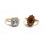 TWO GEM SET 9CT GOLD RINGS One octagonal step cut blue topaz, surrounded by single cut white topaz