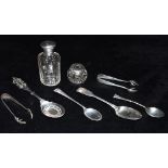 SILVER SPOONS, TONGS & PERFUME BOTTLES Two bird feet sugar tongs and assorted silver teaspoons,