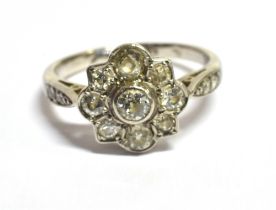 PLATINUM & ESTATE DIAMOND CLUSTER Grain set floral cluster with old cut diamonds, est TDW 1.25