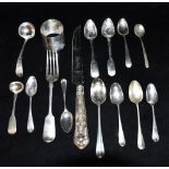 VARIOUS SILVER FLATWARE ITEMS To include a silver-handled knife, various silver teaspoons