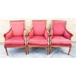 THREE MATCHING MAHOGANY FRAMED ARMCHAIRS with loose squab cushions Condition Report : good