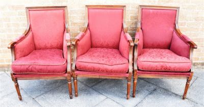 THREE MATCHING MAHOGANY FRAMED ARMCHAIRS with loose squab cushions Condition Report : good