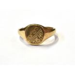9CT GOLD SIGNET RING With engraved front, ring size L, hallmarked 375 import mark date 2000.