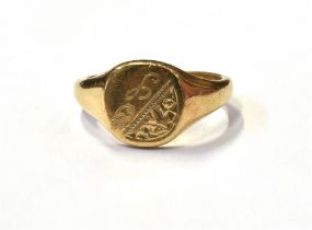 9CT GOLD SIGNET RING With engraved front, ring size L, hallmarked 375 import mark date 2000.