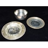ASSORTED STERLING SILVER ITEMS To include a small round dish and saucer and an embossed tray with