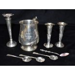 ASSORTED ANTIQUE STERLING SILVER ITEMS To inlcude bud vases, a silver tankard style cup, three