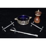 VARIOUS ANTIQUE SILVER ITEMS To include a sabre design letter opener, an Edwardian blue glass