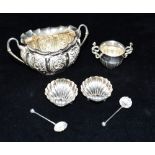 SILVER PORRINGERS & PAIR OF SALT DISHES A foliate repousse decorated porringer, approx 12.5cm wide x