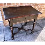 AN OAK RECTANGULAR SIDE TABLE Fitted with single drawer, the four turned supports joined by 'X'