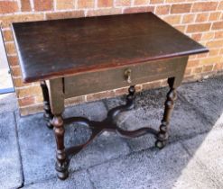 AN OAK RECTANGULAR SIDE TABLE Fitted with single drawer, the four turned supports joined by 'X'