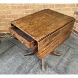 A VICTORIAN MAHOGANY PEMBROKE TABLE with single drawer raised on turned pedestal with four out swept