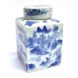 A CHINESE PORCELAIN LIDDED VASE of square section, underglaze blue painted decoration of figures
