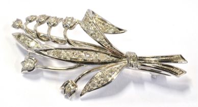 GOLD & DIAMOND LILY OF THE VALLEY BROOCH 4.5cm long, grain set brooch, testing as 18ct white gold,