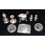 VARIOUS ANTIQUE SILVER ITEMS To include a sugar castor, curved cigarette case, pepperettes, single