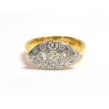 22CT GOLD & DIAMOND RING Platinum topped navette shaped head, pave set with round brilliant cut