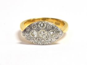 22CT GOLD & DIAMOND RING Platinum topped navette shaped head, pave set with round brilliant cut