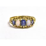 18CT SAPPHIRE & OPAL FIVE STONE RING Belcher claw set head with two white opal oval cabochons