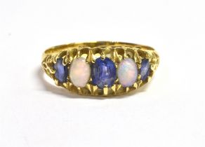 18CT SAPPHIRE & OPAL FIVE STONE RING Belcher claw set head with two white opal oval cabochons