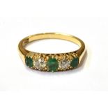EMERALD & ESTATE CUT DIAMOND FIVE STONE 18ct gold belcher claw set ring, with two old European cut
