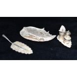 ASSORTED MIDDLE EASTERN SILVER To include a leaf shaped dish and cake slice, cruet set with leaf