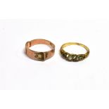TWO 9CT GOLD & GEM SET RINGS One set with alternating emeralds and half pearls, (three are