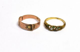 TWO 9CT GOLD & GEM SET RINGS One set with alternating emeralds and half pearls, (three are