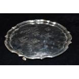 STERLING SILVER TRAY 25cm wide, with cartouche style edges and scroll feet, hallmarked Birmingham