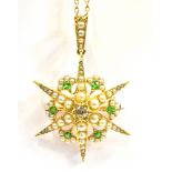 VICTORIAN DEMANTOID & PEARL STARBURST 15ct gold, 3.5cm diameter starburst with grain set half pearls